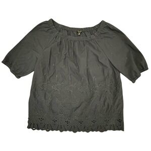 Talbots Navy Embroidered Floral‎ Blouse Medium Short Sleeve Top